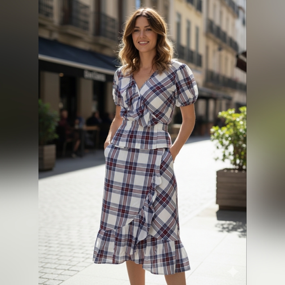 Asymmetrical Plaid Skirt with Ruffle Details